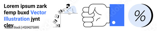 Man arranging alphabet blocks, clenched fist icon, and percentage circle. Ideal for business strategy, teamwork, success, power, strength, percentages, and analytics themes. Landing page