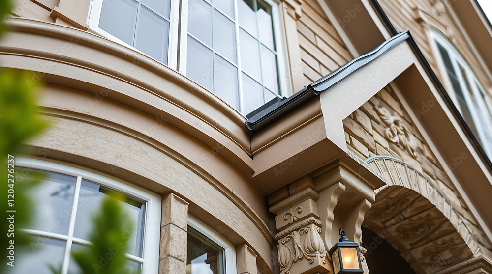 Fototapeta premium Elegant Home Exterior: Curved Window and Stone Facade Design. Luxury Real Estate Architecture, Classic Style, Modern Construction.