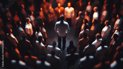 A 3D illustration depicting a leader standing above a group of followers, symbolizing leadership, unity, and inspiration.