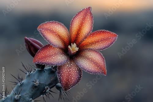 A stunning dew-kissed cactus flower, vibrant hues of orange and red, showcasing nature's delicate beauty. photo