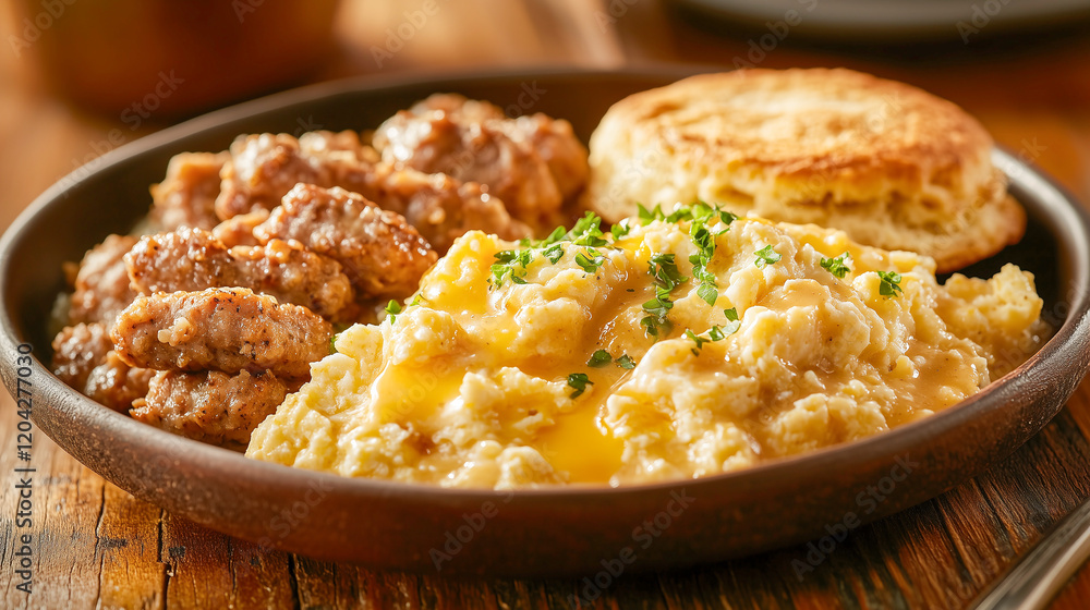 farmhouse breakfast of scrambled eggs, crispy hash browns, sausage links, and fluffy biscuits served with gravy on the wooden table farmhouse breakfast of scrambled eggs, crispy hash browns, sausage links, and fluffy biscuits served with gravy on the wooden table