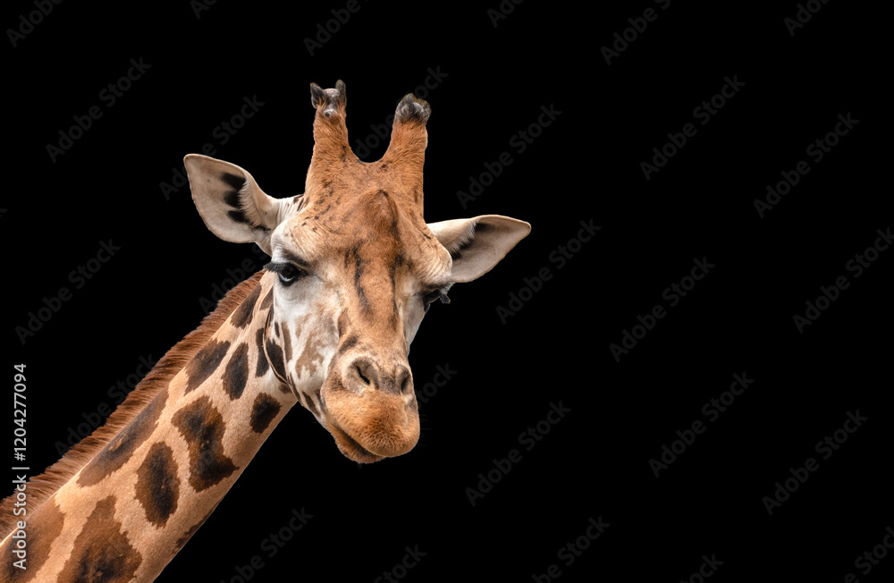 Naklejka premium Giraffe Head Isolated on Black Background