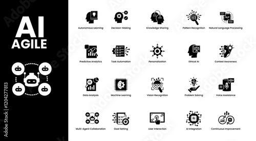 Agile AI Icon Set. Autonomous learning icon, decision-making icon, pattern recognition icon, and ethical AI icon for innovation, automation, and efficient system design. Vector icon set.