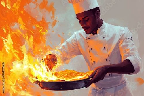 A chef skillfully prepares a flaming dessert, showcasing culinary expertise and passion. photo