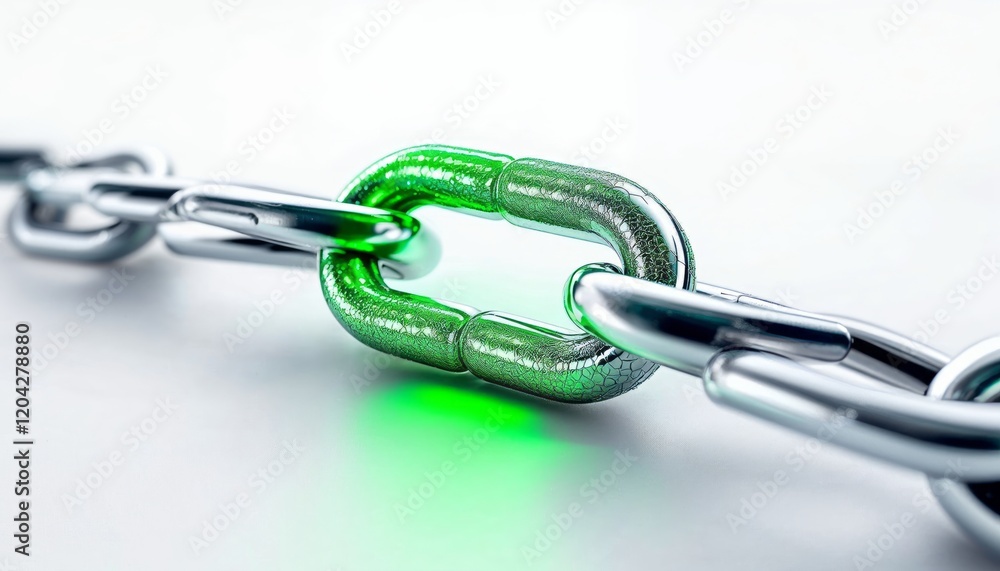 Obraz premium Metal chain with a single bright green link, shiny chrome finish, symbolizing strength and connectivity. 