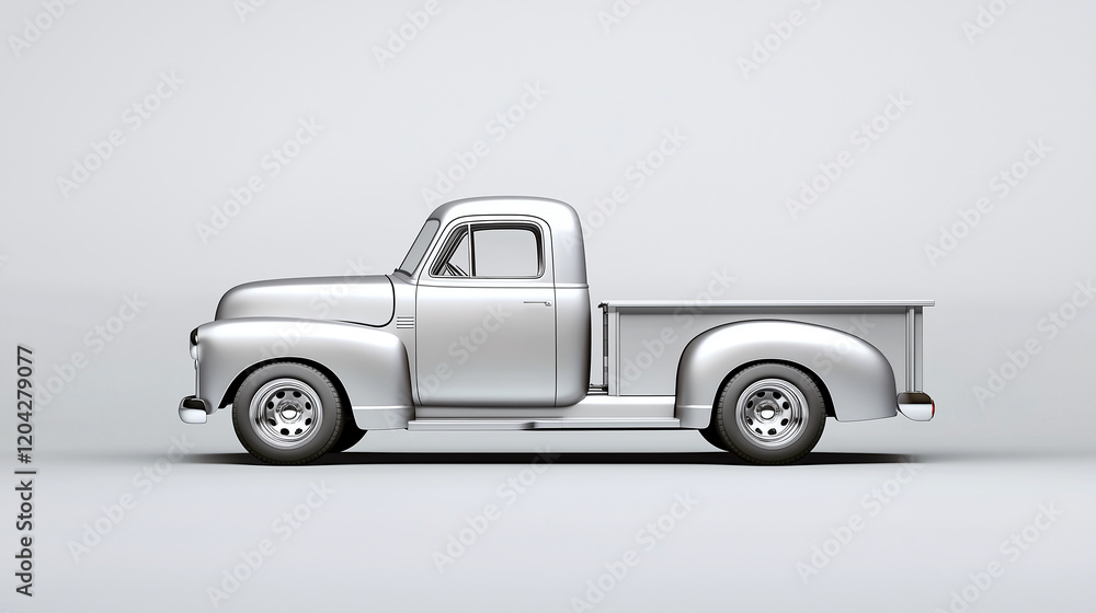 silver color retro truck on gray background, copy space silver color retro truck on gray background, copy space