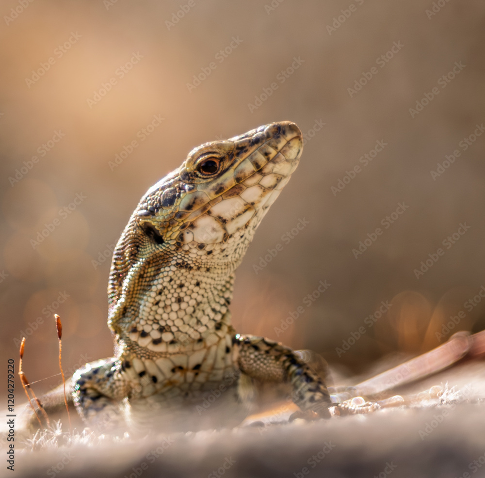 Obraz premium lézard des murailles en gros plan, une journée d'été, avec un magnifique bokeh artistique en plein soleil, ce petit lézard faisait le plein d'énergie solaire avant de chercher sa proie
