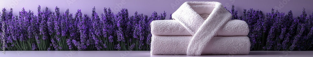 Obraz premium Elegant white towels and spa robe with lavender backdrop for relaxation theme