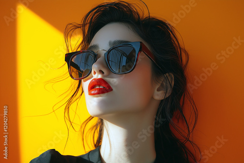 Wallpaper Mural A woman with red lipstick and sunglasses is standing in front of a yellow wall. Generative Ai. Torontodigital.ca