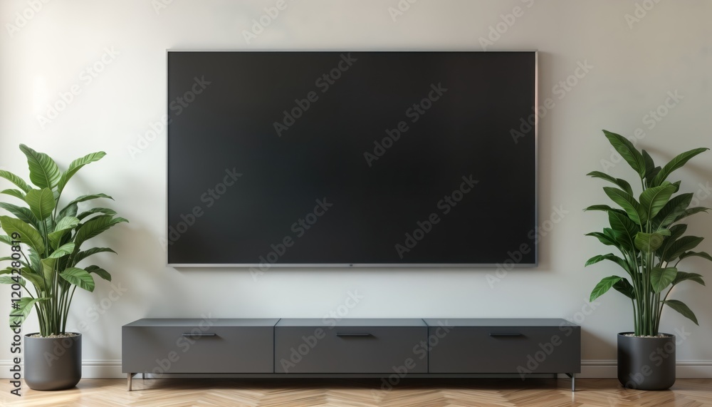 Fototapeta premium Modern flat screen TV mockup on a white wall. Empty display screen. Grey cabinet below. Plants in gray pots beside. Interior design. Empty tech. Presentation template. Home decor.
