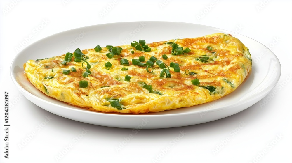 Omelet garnished with herbs on a white plate, symbolizing simplicity and freshness. Omelet garnished with herbs on a white plate, symbolizing simplicity and freshness.