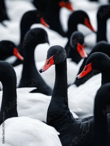 Black swan among white, different unique special leader identity, crowd leadership photo