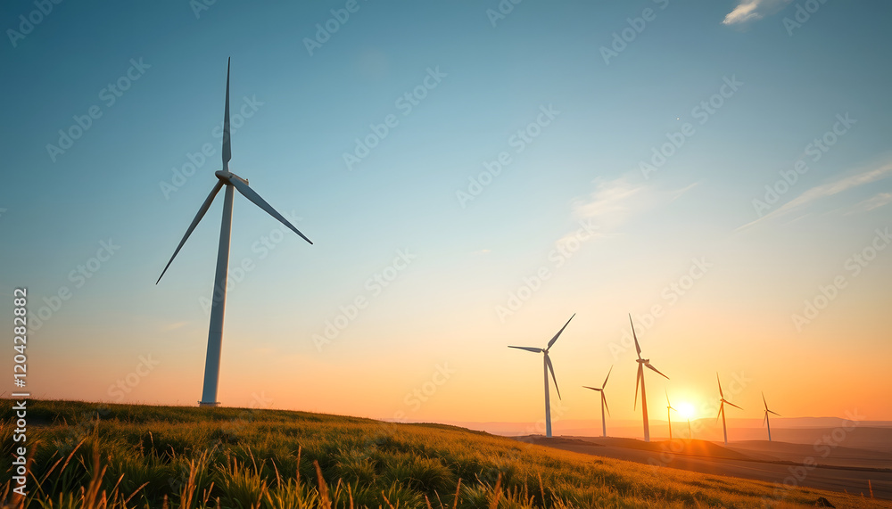 Obraz premium Wind Turbines on Golden Field at Sunset: Clean Energy