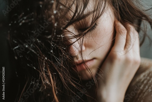 Woman expressing frustration due to brittle hair and dandruff, highlighting hair care challenges and personal grooming issues photo