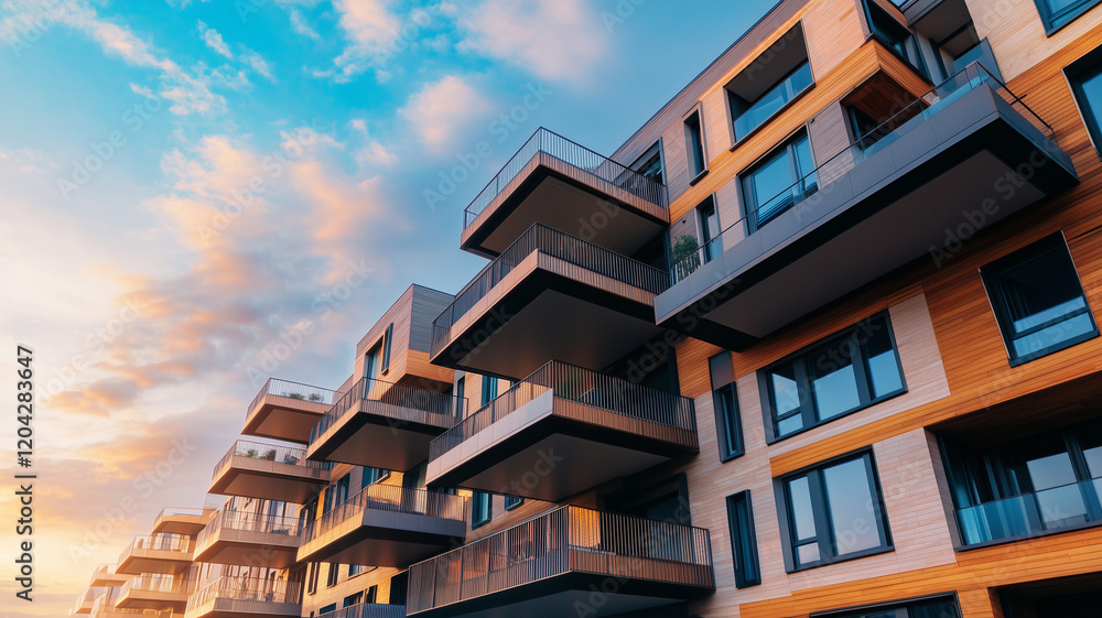 Obraz premium Contemporary residential towers at sunset, with large balconies, intricate facade designs, and green open spaces in the foreground, showcasing modern living (1)