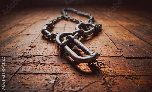 A chain with a D shaped link is laying on a wooden floor. The chain is rusty and he is old photo