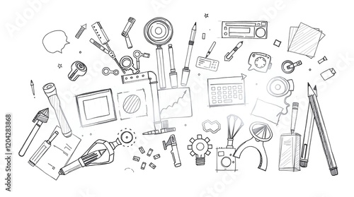 A graphic designer's creative arsenal, workspace, and background, represented through a vector abstract illustration.