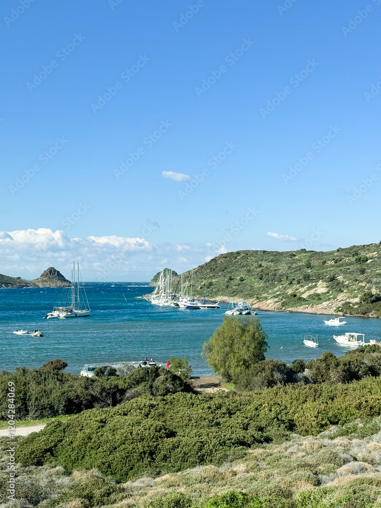 Fototapeta premium Sailboats anchored in a tranquil bay surrounded by lush hills and clear blue skies