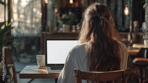 woman with long hair sits at wooden table in cozy cafe, working on laptop with blank screen. warm ambiance is enhanced by soft lighting and cup of coffee beside her