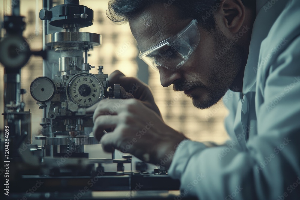 A focused scientist meticulously operates a precision instrument in a laboratory setting, engrossed in detailed work. A focused scientist meticulously operates a precision instrument in a laboratory setting, engrossed in detailed work.