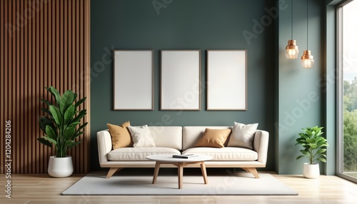 Modern living room mockup features light beige sofa with mustard yellow throw pillows. Round white coffee table sits in middle of room. Three empty frames on teal green wall. Wall light wooden