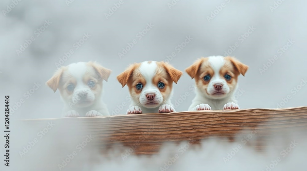 Adorable puppies peek out from behind a wooden board, playing a game of hide and seek with a playful peek-a-boo. Adorable puppies peek out from behind a wooden board, playing a game of hide and seek with a playful peek-a-boo.