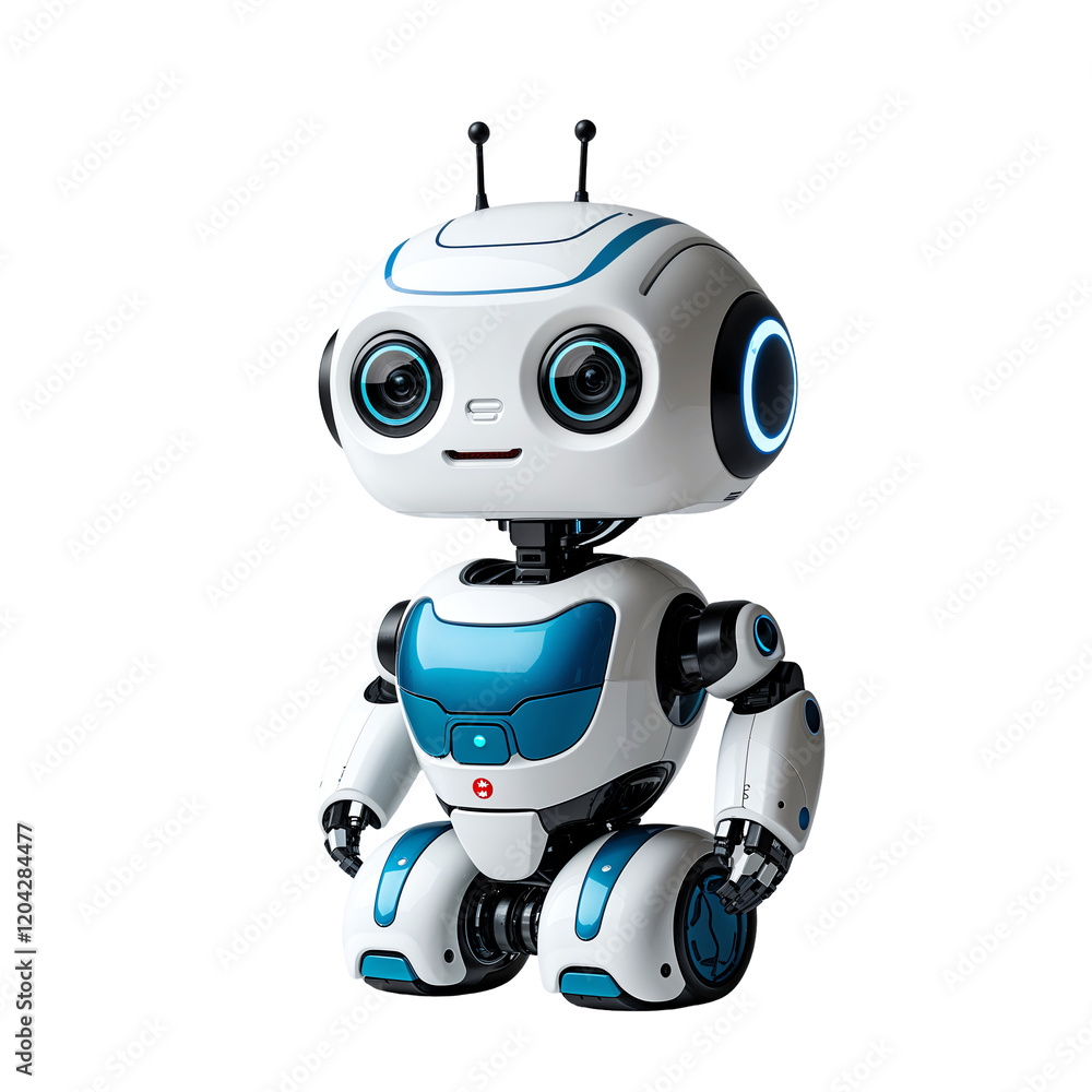 Cute Mini AI Robot with Big Eyes Isolated on Transparent Background. Cute Mini AI Robot with Big Eyes Isolated on Transparent Background.
