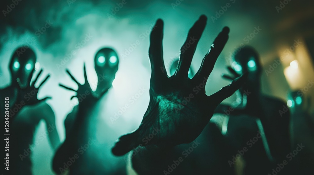 Mysterious aliens with glowing hands reaching out towards the camera Mysterious aliens with glowing hands reaching out towards the camera