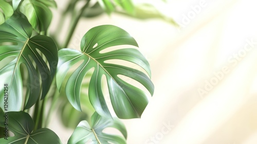 Lush Monstera leaves, bright light, indoor plant photo