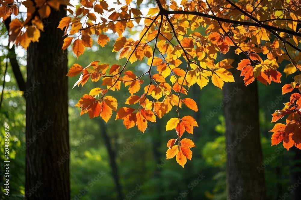 Sunlight breaks through the autumn leaves of trees Sunlight breaks through the autumn leaves of trees