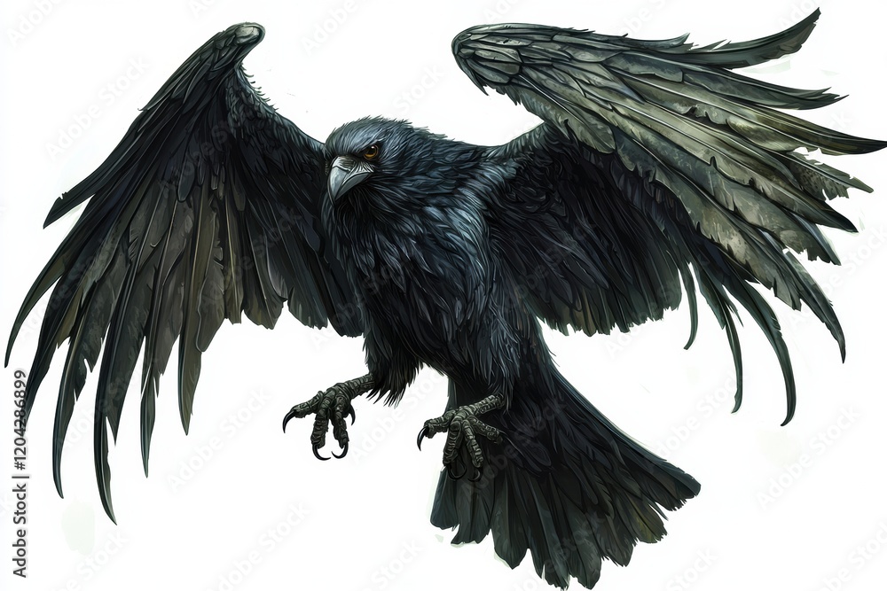 Naklejka premium Magpie displaying its wings in a striking pose against a minimalist white backdrop