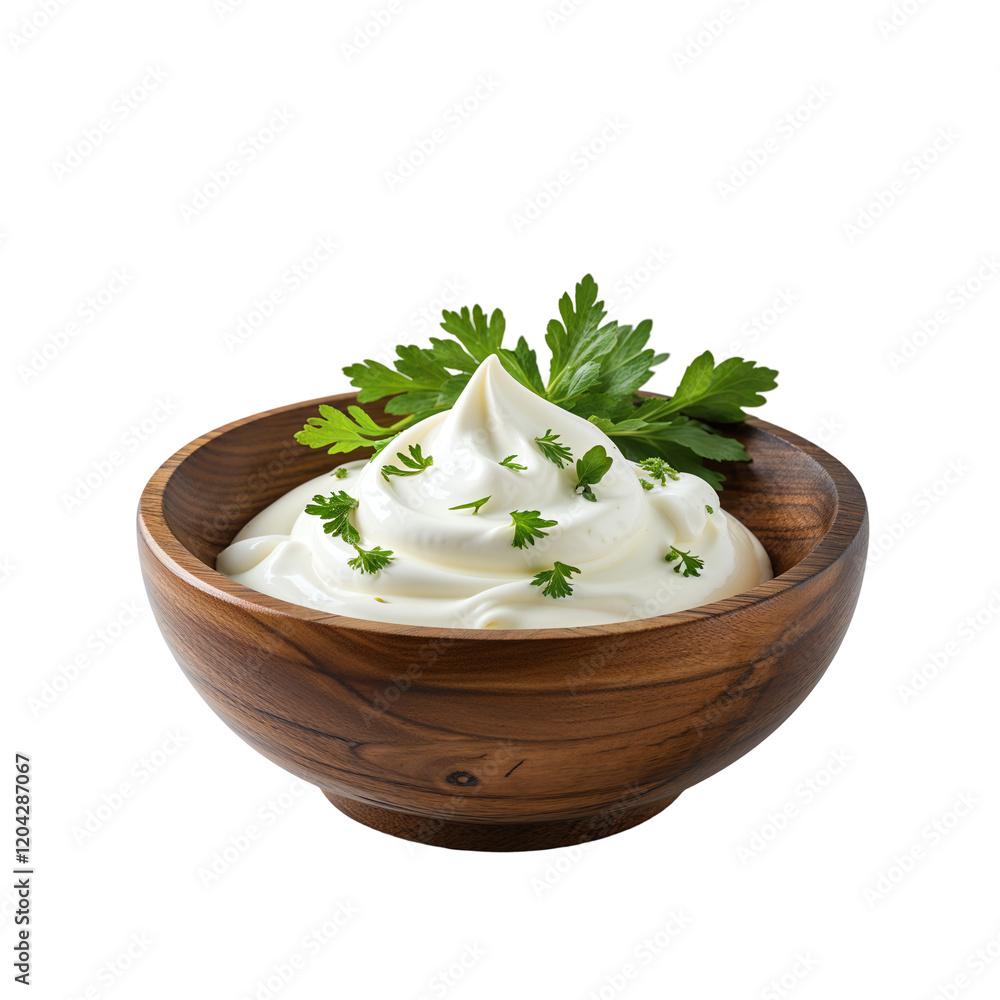 Delicious Yogurt Topped with Fresh Parsley in a Wooden Bowl Isolated on Transparent Background. Delicious Yogurt Topped with Fresh Parsley in a Wooden Bowl Isolated on Transparent Background.