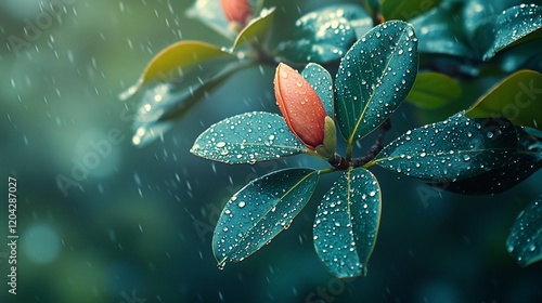 Rain drops on magnolia bud, garden, spring. Nature photography for websites photo