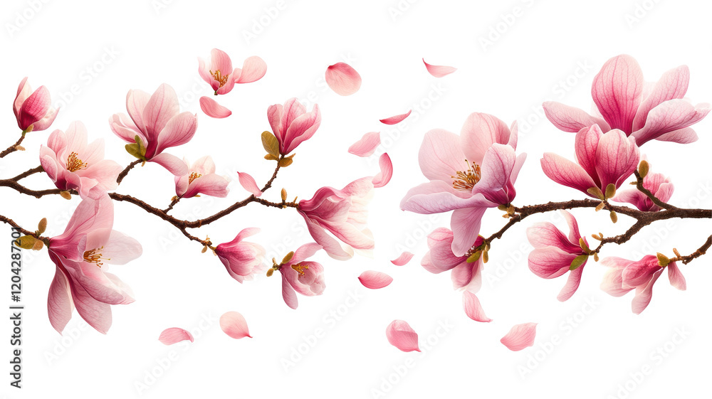 Fototapeta premium Pink Magnolia Blooms with Falling Petals on a White Background.