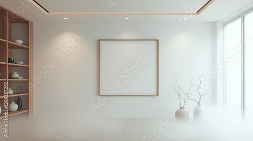 Interior of a shop, a modern bathroom, a contemporary store, or a stylish living room featuring a blank frame on the wall for copy space.