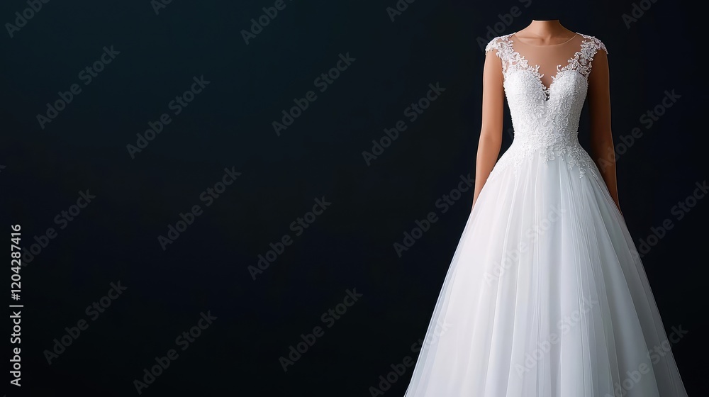 Naklejka premium Elegant wedding dress on dark background, bridal fashion