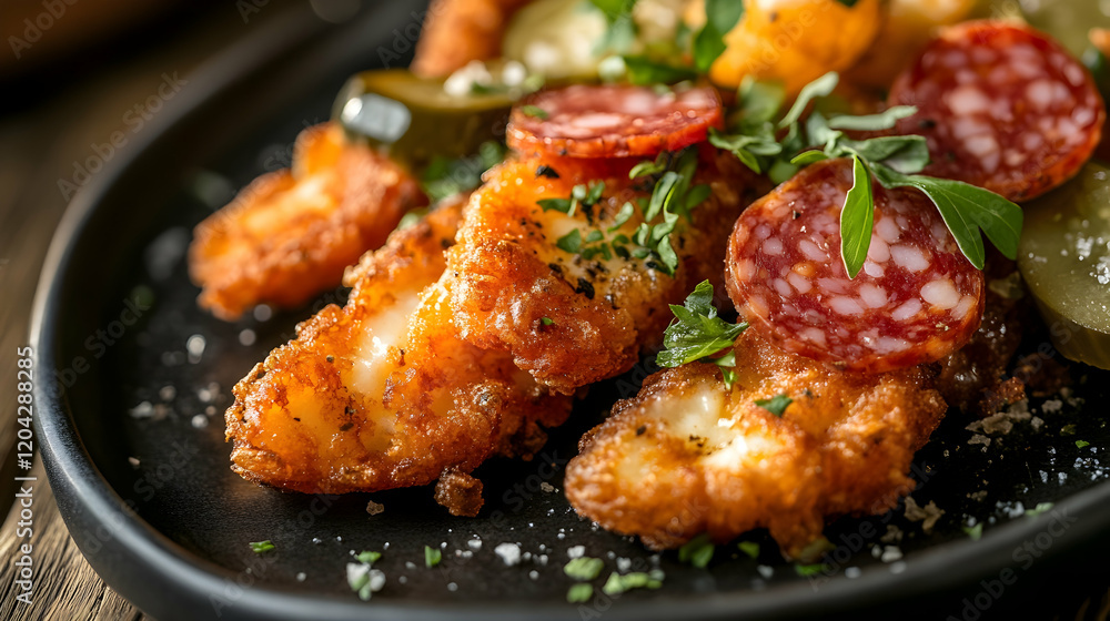 Crispy fried halloumi slices garnished with salami and pickles Crispy fried halloumi slices garnished with salami and pickles
