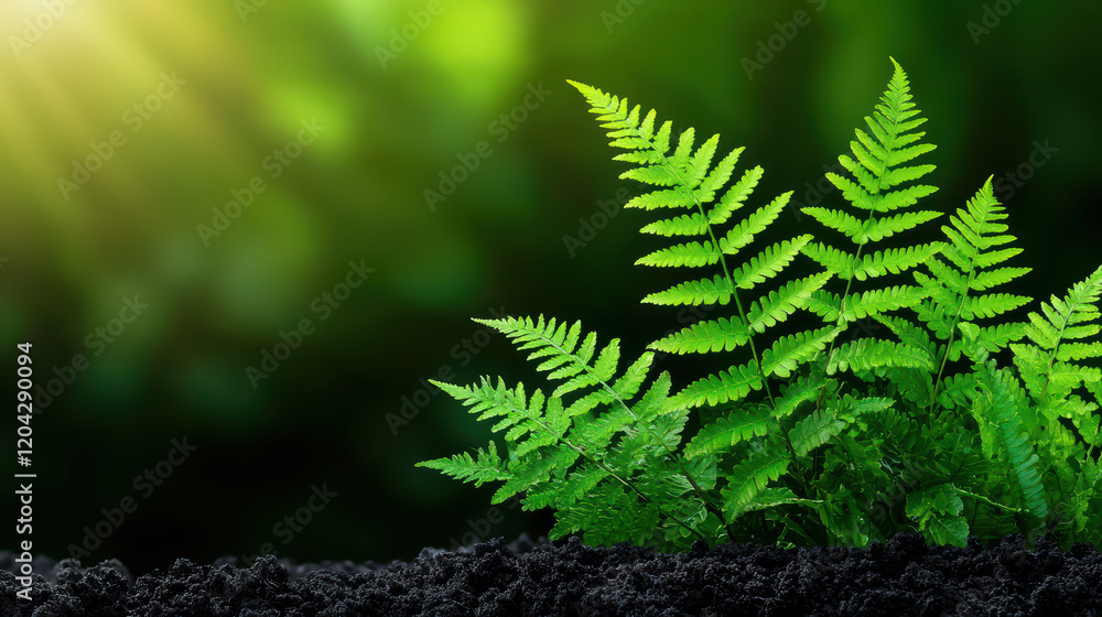 Lush green ferns growing in rich soil with sunlight streaming Lush green ferns growing in rich soil with sunlight streaming