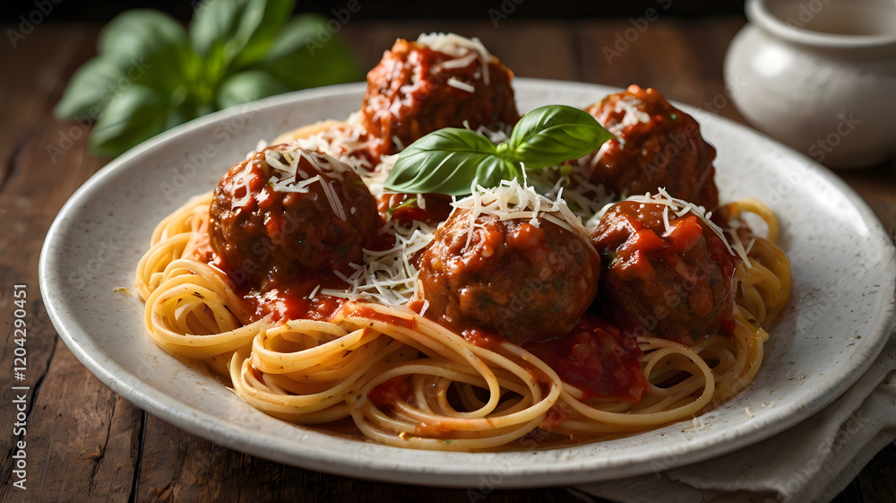 Spaghetti and Meatballs Feast: A tantalizing plate of spaghetti and meatballs, perfectly presented with a generous serving of tangy tomato sauce, melted cheese and fresh basil leaves. Spaghetti and Meatballs Feast: A tantalizing plate of spaghetti and meatballs, perfectly presented with a generous serving of tangy tomato sauce, melted cheese and fresh basil leaves.