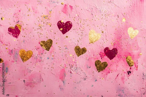 Gold and red hearts sparkling on pink textured background creating a romantic valentine's day atmosphere