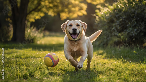 Golden Retriever Playtime: A joyful, playful golden retriever bounds through the lush green grass, chasing a colorful ball, capturing the essence of canine happiness and boundless energy. photo