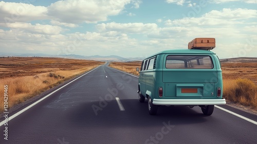 Retro minivan on an open road, evoking nostalgia for family road trips and classic 1960s transportation.