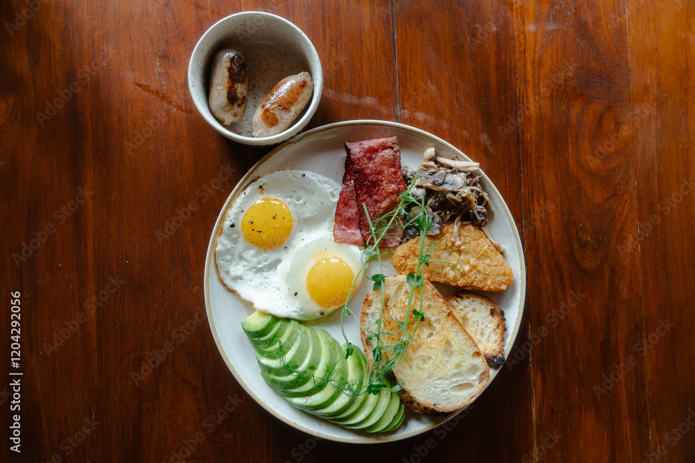 Hearty breakfast plate with eggs, bacon, and toast
