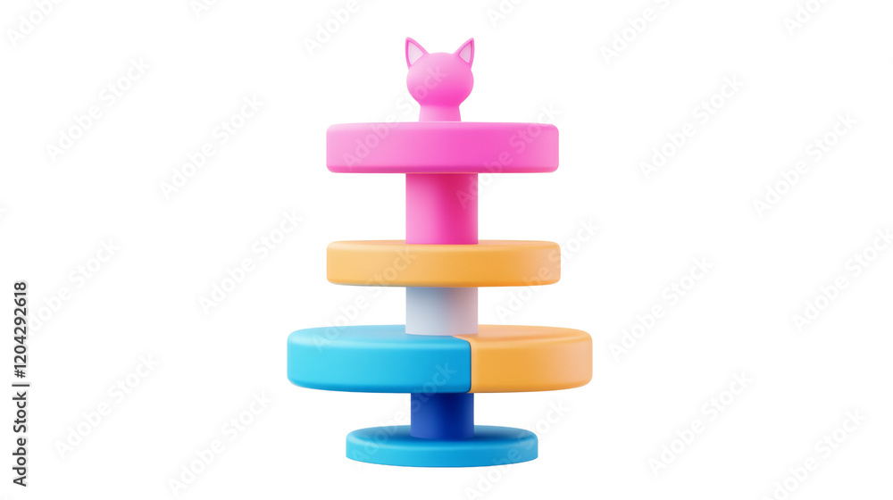 A colorful stacking toy featuring tiers in pink, blue, yellow, and white, topped with a playful cat design.