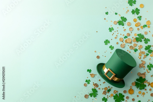 Leprechaun hat spilling gold coins and shamrocks on pastel green background for st. Patrick's day celebration