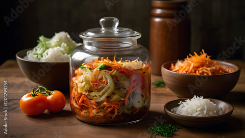 Homemade Kimchi: A rustic still life showcasing a mason jar filled with freshly made kimchi, surrounded by ingredients like shredded cabbage, grated carrots, and rice flour. The warm. photo