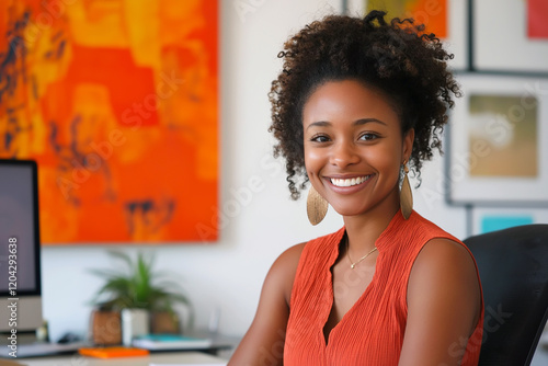 She is smiling and wearing a red top. Generative Ai.