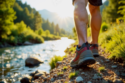 Close-up of men's feet in trekking shoes. A tourist takes a hike along the river.