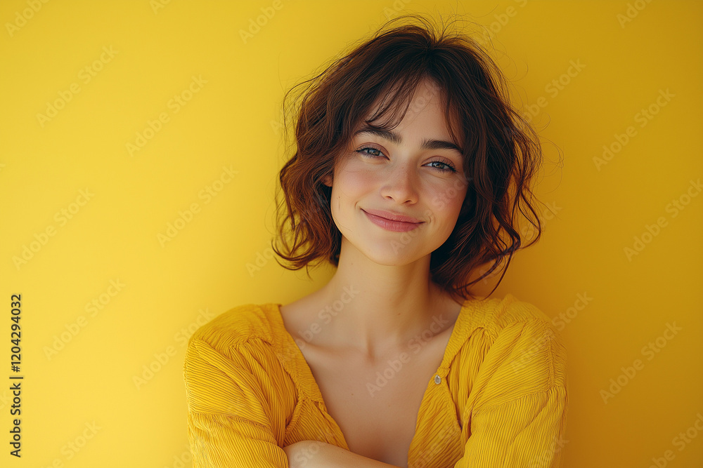 A woman with short brown hair and a yellow shirt is smiling. Generative Ai. A woman with short brown hair and a yellow shirt is smiling. Generative Ai.