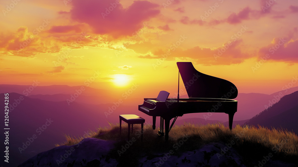 Grand piano silhouette against a breathtaking sunset over mountain landscape Grand piano silhouette against a breathtaking sunset over mountain landscape